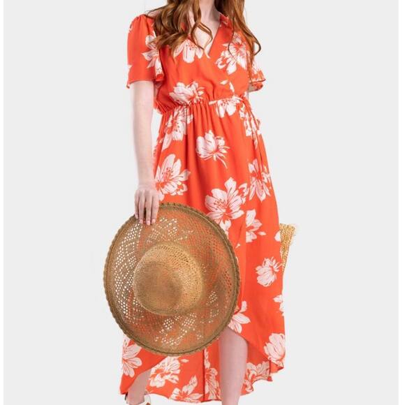 Francesca's Mi Ami Dawn Floral Wrap Dress Coral Pink Floral Print Dress Large - Picture 1 of 10